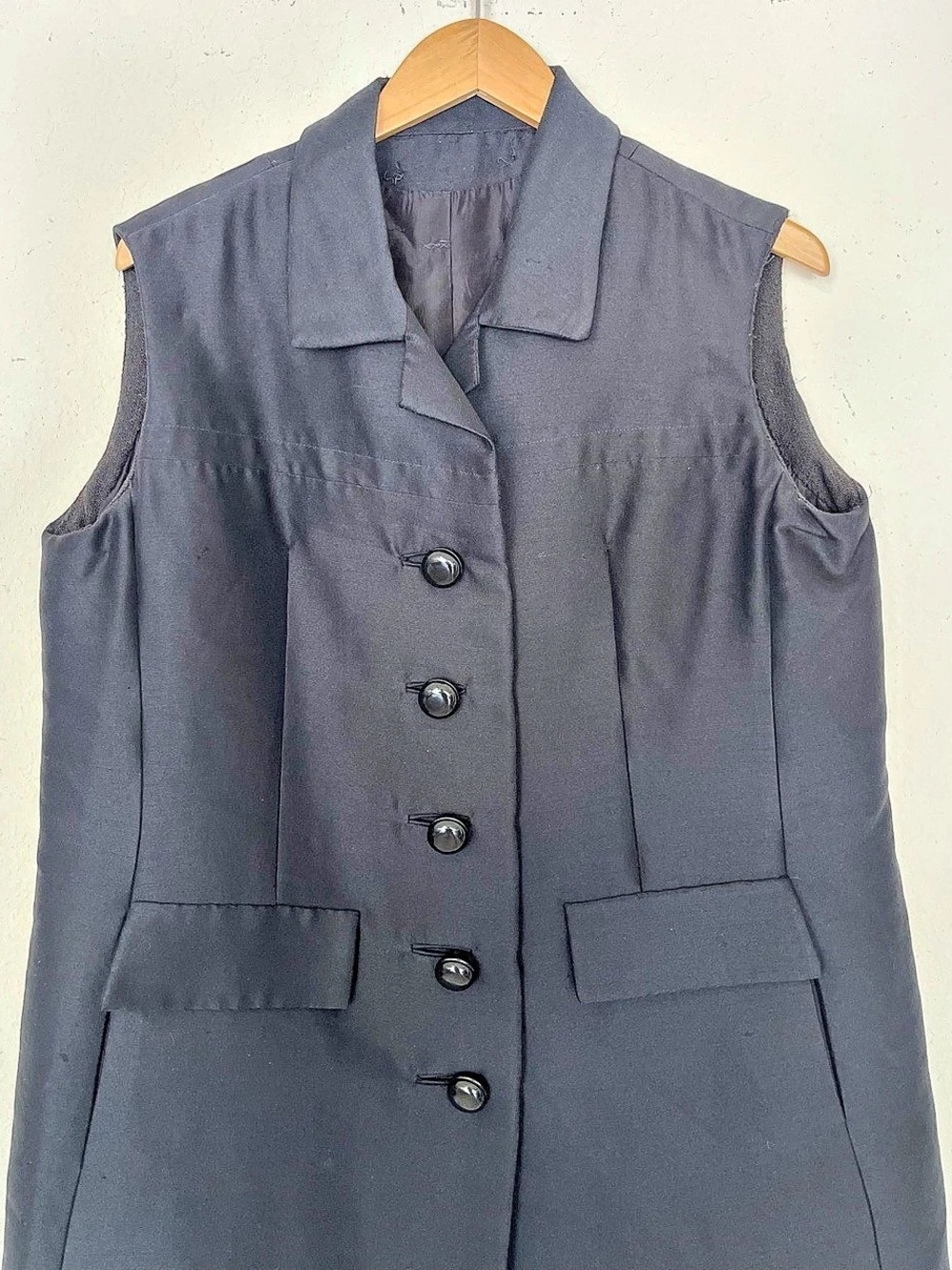 Vintage 60s 70s ILGWU Union Made Black Longline Sleeveless Blazer Vest Jacket Sz